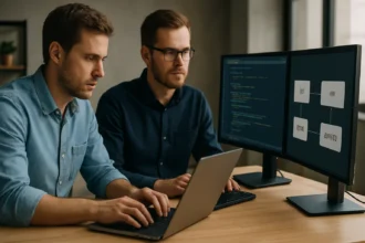 Két fejlesztő dolgozik sidecar proxy tervezési mintán számítógépen