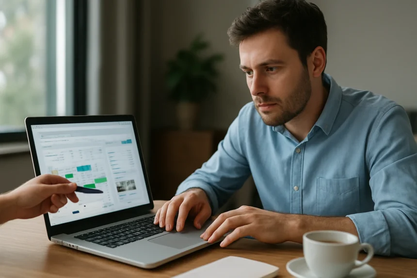 Férfi dolgozik foglalási motor szoftverrel laptopon