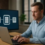 Férfi a laptopján dolgozik, háttérben virtuális gép konténer kezeléssel.