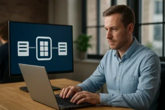 Férfi a laptopján dolgozik, háttérben virtuális gép konténer kezeléssel.