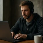 Férfi a Tor böngésző használata közben, anonim böngészés laptopon.