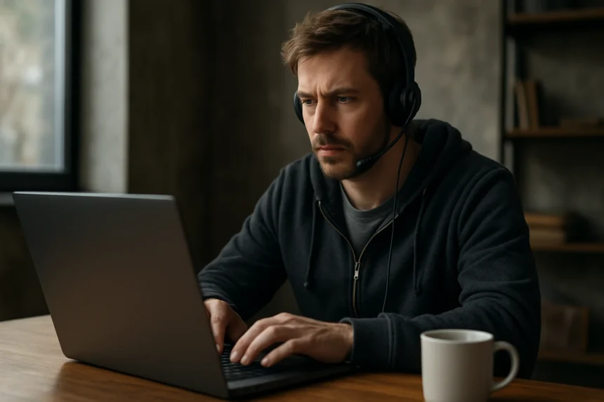 Férfi a Tor böngésző használata közben, anonim böngészés laptopon.