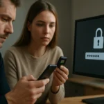 Két személy többfaktoros hitelesítést végez számítógépen és telefonon.