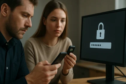 Két személy többfaktoros hitelesítést végez számítógépen és telefonon.