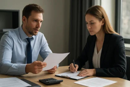 Két ember szerződésekről tárgyal az informatikai iparban.