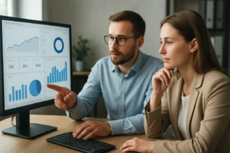 Két ember adatokat elemző dashboard előtt a munkahelyén.