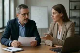 Két üzleti szakember, akik vészhelyzeti tervekről beszélgetnek.