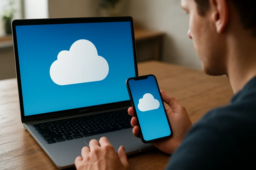 Apple iCloud felhőszolgáltatás bemutatása mobilon és laptopon.