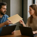 Két ember fájlmegosztás során, laptop használatával.