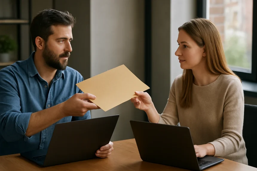 Két ember fájlmegosztás során, laptop használatával.