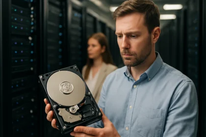 Férfi digitális adattárolást vizsgál egy háttértároló eszközzel.