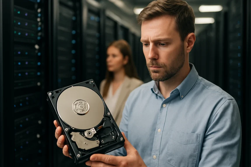 Férfi digitális adattárolást vizsgál egy háttértároló eszközzel.