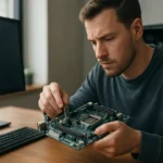 A férfi egy számítógép alaplapját szereli.