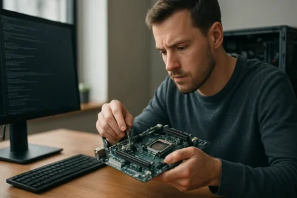 A férfi egy számítógép alaplapját szereli.