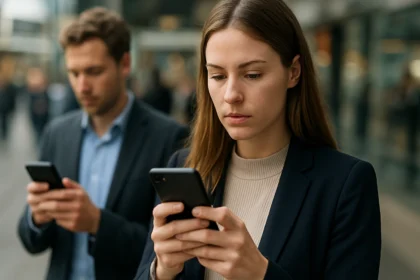 Két ember mobiltelefonokat használ, mobiladat a digitális világban.