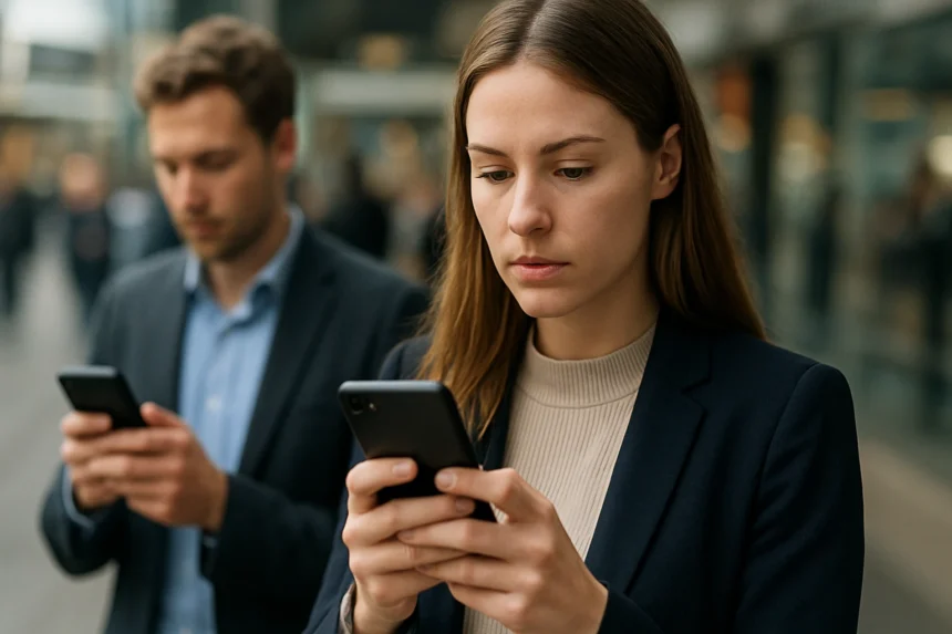 Két ember mobiltelefonokat használ, mobiladat a digitális világban.