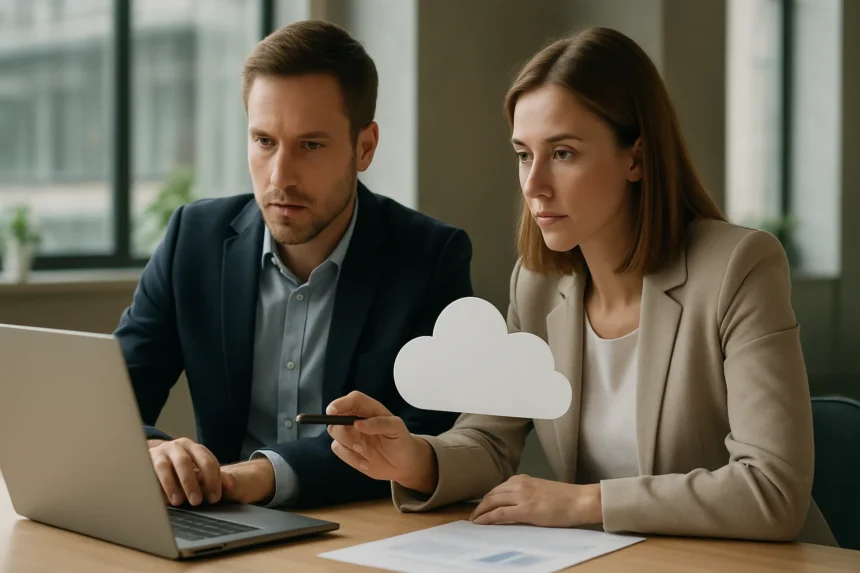 Két üzletember felhő alapú gazdasági elemzés közben