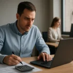 Férfi számol a számítógépnél a nettó ár számításához az IT világában.