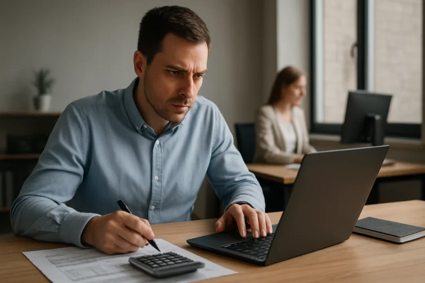 Férfi számol a számítógépnél a nettó ár számításához az IT világában.