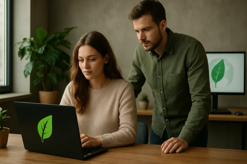 Két fiatal dolgozik a fenntartható számítástechnikán laptopon zöld háttérrel.