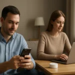 Fiatal pár okoseszközökkel a személyi hálózatban.