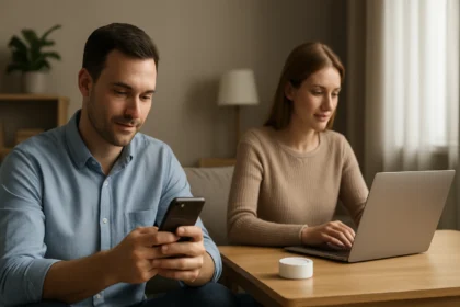 Fiatal pár okoseszközökkel a személyi hálózatban.