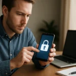 Férfi telefonáló biztonsági zár ikonnal, informatikai biztonság témában.