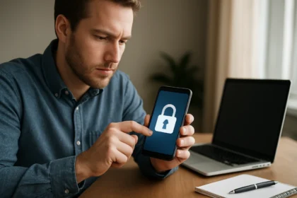 Férfi telefonáló biztonsági zár ikonnal, informatikai biztonság témában.