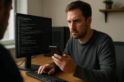 Férfi számítógépet és okostelefont használ kibertámadás közben