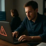 Férfi aggódik a számítógépe előtt a gyorsítótár-mérgezés miatt.