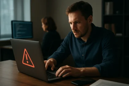 Férfi aggódik a számítógépe előtt a gyorsítótár-mérgezés miatt.