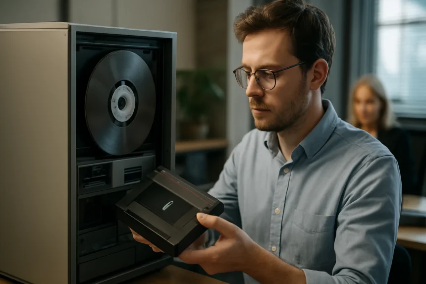 Férfi mágnesszalagos adattárolóval dolgozik az irodában.