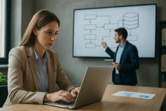 Nő laptop előtt, míg férfi adatbázis diagramot mutat be