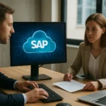 Két szakember egy SAP felhőalapú megoldáson dolgozik.
