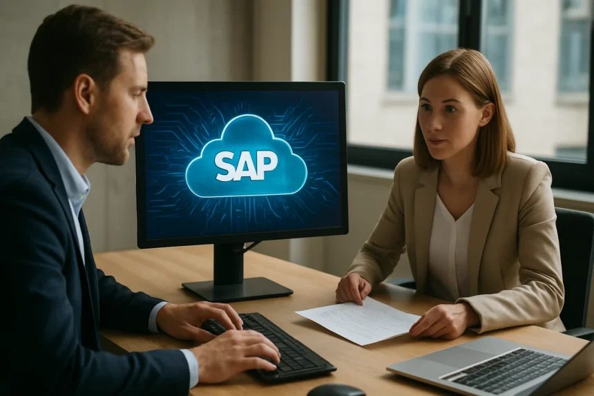 Két szakember egy SAP felhőalapú megoldáson dolgozik.