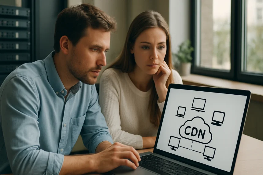 Két ember egy laptopon a CDN hálózat működését elemzi.