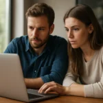 Fiatal pár, aki laptop előtt ül, az internet és a világháló felfedezésén dolgoznak.