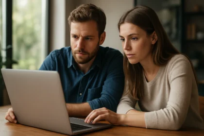Fiatal pár, aki laptop előtt ül, az internet és a világháló felfedezésén dolgoznak.