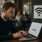 Férfi laptopon használja az elfogó portált nyilvános WiFi-n.