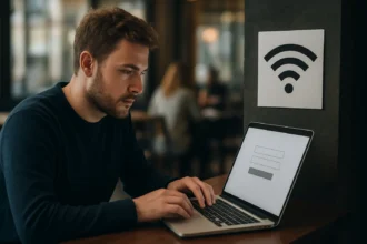 Férfi laptopon használja az elfogó portált nyilvános WiFi-n.