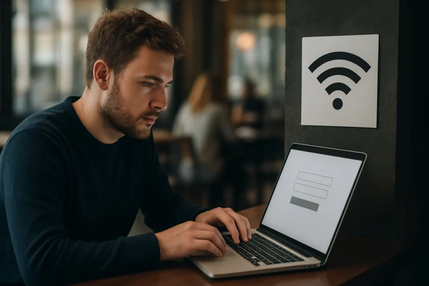 Férfi laptopon használja az elfogó portált nyilvános WiFi-n.