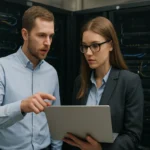 Két informatikai szakember együttműködik egy laptop előtt egy szerverteremben.