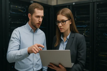 Két informatikai szakember együttműködik egy laptop előtt egy szerverteremben.