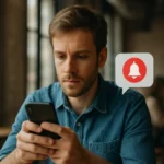 Férfi okostelefonnal, push értesítéssel a háttérben.