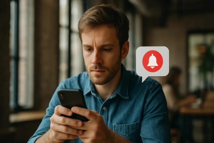 Férfi okostelefonnal, push értesítéssel a háttérben.