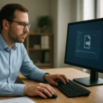 Férfi számítógépen dolgozik fájl átviteli protokollal.