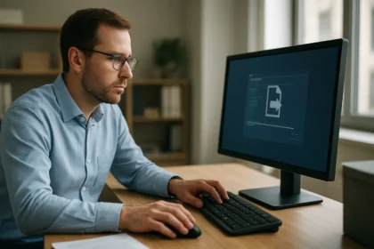 Férfi számítógépen dolgozik fájl átviteli protokollal.