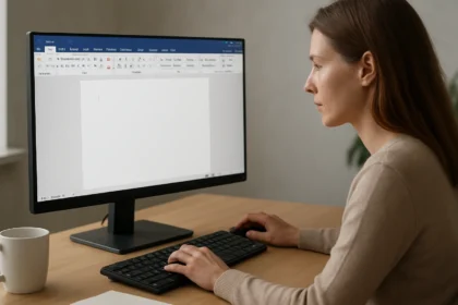 Nő, aki számítógépen dolgozik, menüszalag a képernyőn.