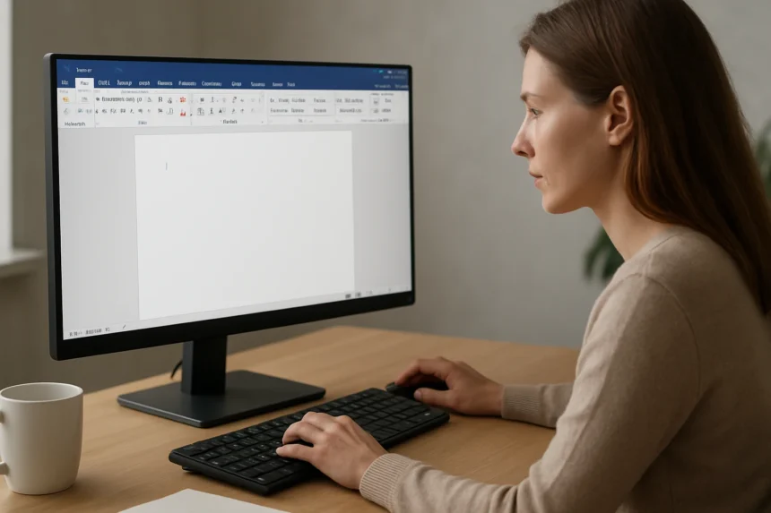 Nő, aki számítógépen dolgozik, menüszalag a képernyőn.