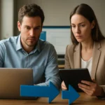 Két szakember Microsoft Exchange postafiók replikálásáról dolgozik.